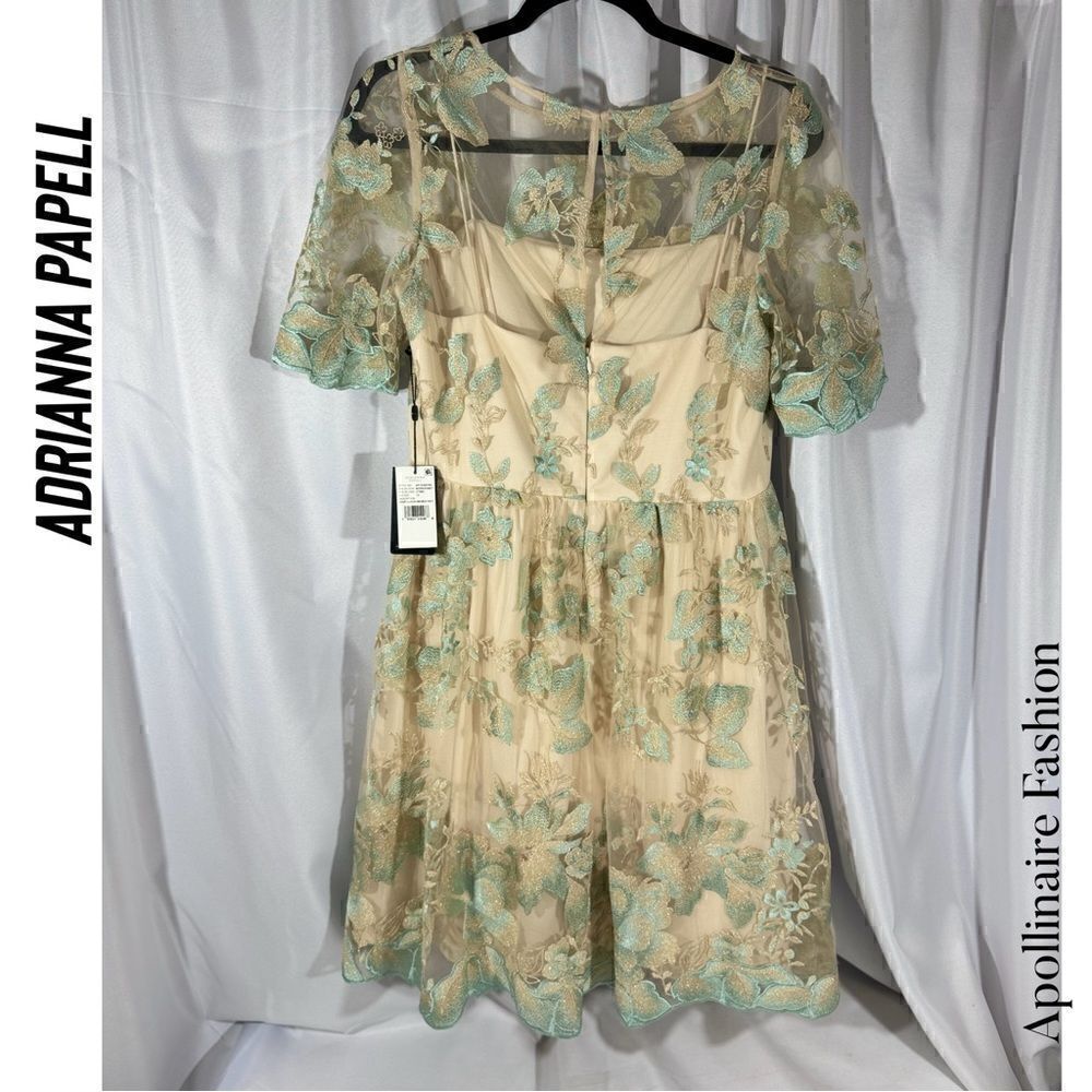 ADRIANA PAPELL NADINE MIDI DRESS IN MORNING MIST SIZE 12 NWT FLORAL EMBROIDERED - Picture 5 of 6